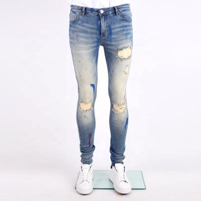 China Breathable Waist Quality Fashion Custom Ripped Skinny Jeans Vintage Paint Splatter Blue Jeans Men for sale