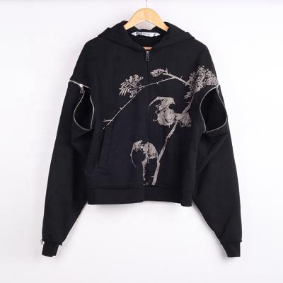 China New Style Screen Print Anti-shrink Black Custom Detachable Zipper Removable Zipper Sleeve Hoodies For Men for sale