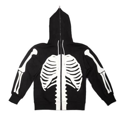 China Halloween full face zipper hoodies anti-shrink screen skeleton printed logo drawstring skull hoodie custom sweatshirt for sale