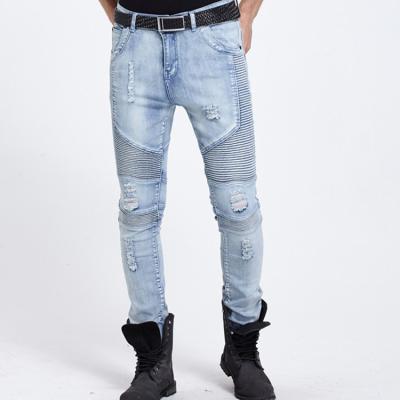 China FREE SHIPPING mens biker jeans mens designer brand hip hop streetwear elastic ripped skinny skinny light blue motorcycle pants viable FREE SHIPPING for sale