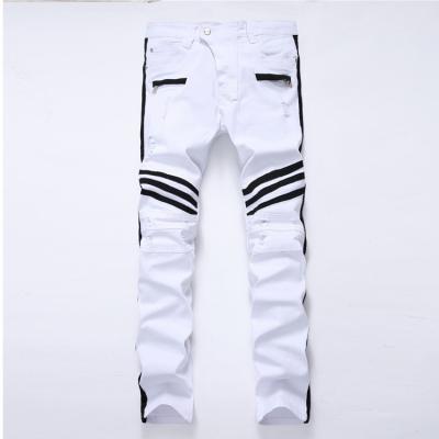 China Brand Straight Jeans Free Shipping White Hole Mens New Viable Jeans With Zippers Contrast Striped Trousers Slacks for sale