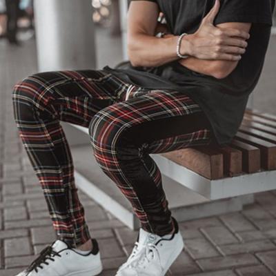 China Free Shipping Brand New Viable Autumn High Waist Men Tracksuit Cotton Base Plaid Fashion Fitness Skinny Sweatpants for sale