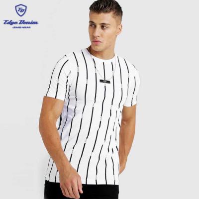 China Cheap Fashionable 100% Cotton Men's Custom Printed Round Neck Mens Stripe Printed T-Shirt With Woven Label for sale