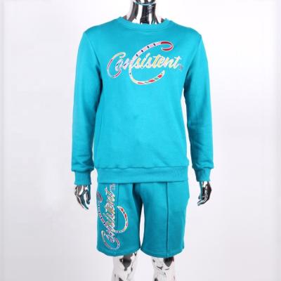 China New Arrivals 100% Cotton QUICK DRY Blue Custom Embroidery Sweatshirt And Simple Shorts Set Men for sale