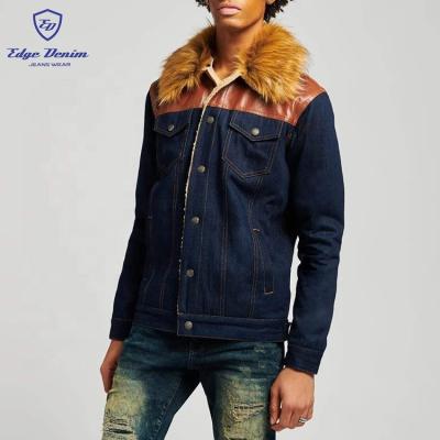 China DENIM viable sharpe EDGE OEM leather custom men's denim fur lining jeans coat fur collar jacket for sale