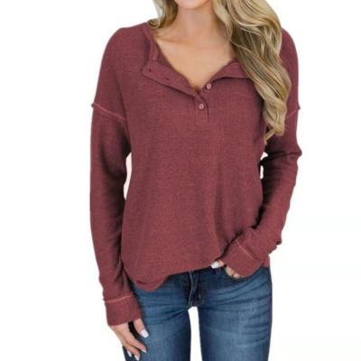 China Women's V Neck Henley Shirts Waffle Knit Loose Anti Shrink Tailoring Casual Long Sleeve Blouse Tops for sale