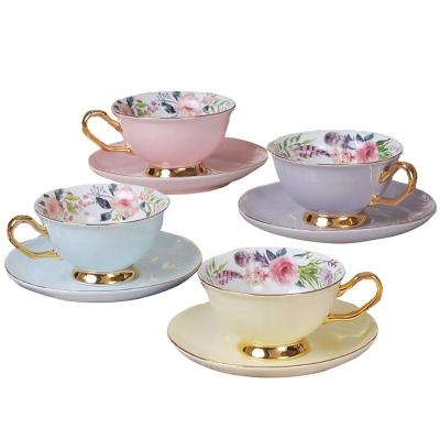 China Viable 4 Colors Pattern Ceramic Flower Porcelain Coffee Tea Cups And Saucers With Gold Rim Ceramic Cups for sale