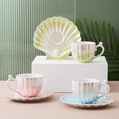 China Novelty Viable Ceramic Pearl Luster Tea Cup Breakfast Coffee Mug With Saucer Gift Box for sale