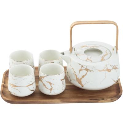 China Sustainable Hot Sale Black / White Marble Ceramic Coffee Tea Mug Set With Gold Handle Porcelain 4 Pcs Teapot Set for sale