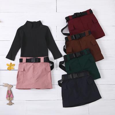 China 2021 Children's Casual Clothing For Babies Long Sleeve Solid Color Tooling Top Belt Skirt Sets for sale