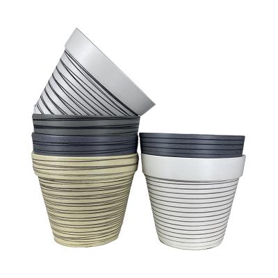 China Lines Factory Cheap Cassic Resin Flower Pot Design Grain Indoor Pot Imitate Ceramic Glazed Pottery With Lines Grain Recycled Planter for sale