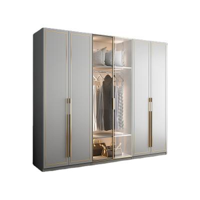 China OEM Adjustable Modern Nordic Glass Door Wood Metal Cabinet Steel Wardrobe With Draws Led Lights Bedroom Furniture Design for sale