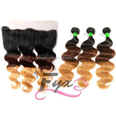 China Body Wave 8A Grade 1b/4/27 Ombre Ear To Ear Lace Frontal Closure 13X4 Bundles Brazilian Virgin Hair Weave Body Wave With Baby Hair for sale