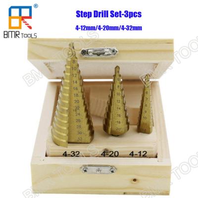 China Hot Sells 3PCS HSS M2 Step Drill Bit Set Ti-Coating Straight Flute Packed with wooden box 4-12mm/4-20mm/4-32mm for sale