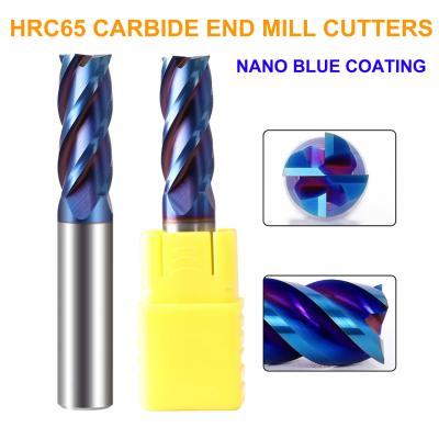 China 4Flute HRC65 Carbide End Mill Cutters with Nano Blue Coating for Mould Steel/Stainless Steel and Other Hard Metals for sale