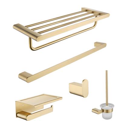 China Brushed Gold Stocked 5 Pieces Of Stainless Steel Towel Bars Bathroom Accessories Set for sale