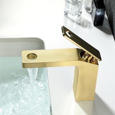 China Waterfall Brass Brushed Faucet Sense Faucets Gold Hot And Cold Water Faucet Bathroom Basin Mixer Tap for sale