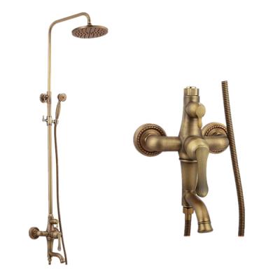 China Without Slide Bar Bathroom Exposed Popular Antique Brass Gold Rainfall Shower Faucet Set for sale