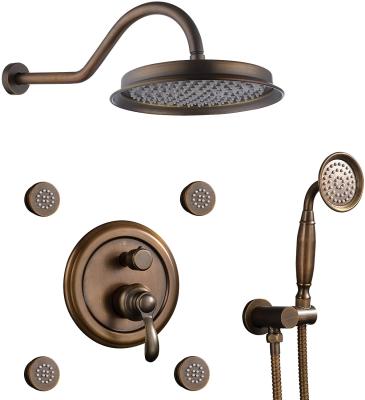 China With Diverter Amazon Bathroom Shower System 3 Way Diverter Antique Brass Wall Mounted Shower Faucet Set 9 Inch Rain Head for sale