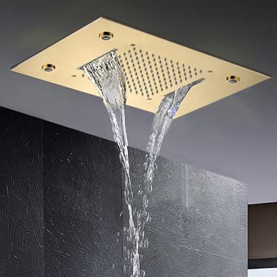 China Needle Free LED Temperature Sensor Color Changing Waterfall Shower Head Gold Rainfall Top Sprayer Top Shower Head for sale