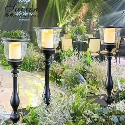 China Black Candle Holder 3 pcs Set Metal Wedding Decoration Black Glass Candlestick Holder Centerpiece for sale