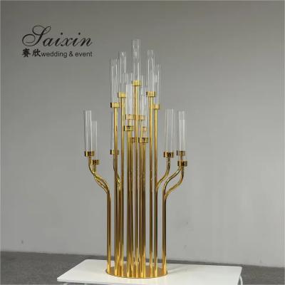 China Luxury Wedding Decor Supplies Gold 17 Arms Candelabra Candle Holder Tall Crystal Candelabra Centerpieces for sale