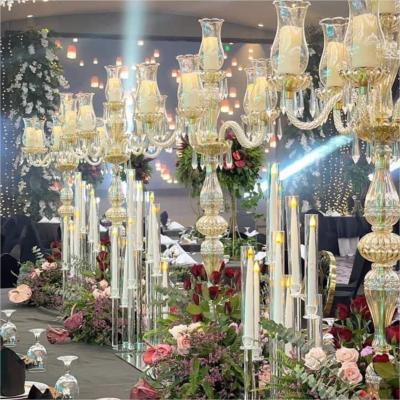 China ZT-394 wedding decoration 6 arms  cut glass cup tall gold color  candle holder candelabras for sale