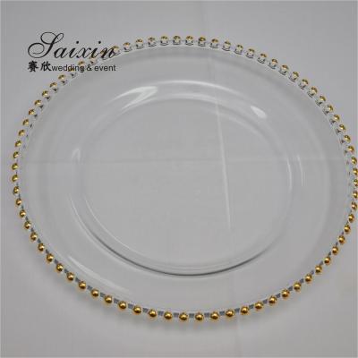 China 12 Inch  Beaded Glass Charger Plate Gold Trim For Wedding Event Supplies for sale