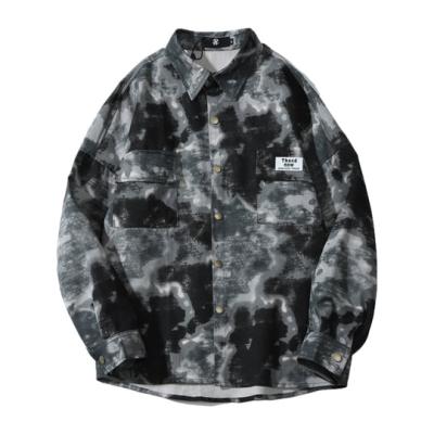 China Retro Breathable Tie-Dye Camouflage Long Sleeve Shirt 95% Cotton Jacket Gray Loose High Street Male Couple Shirt Green for sale