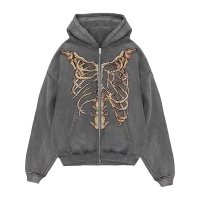 China Viable Factory Custom Mens Streetwear Anorak Winter Washed Distressed Skeleton Graphic Zipper Hoodie for sale