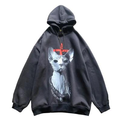 China 2022 Good Quality Vintage Cat Graphic Hoodies High Street Fashion Printed Men's Anti-pilling Clothing With Chain for sale