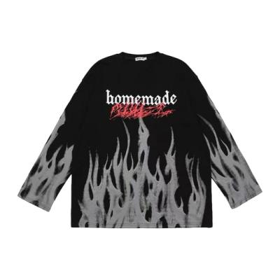 China Custom Breathable Flame Graphic Streetwear Plus Size Round Neck Casual Sleeved Men's Breathable Long T-Shirts for sale