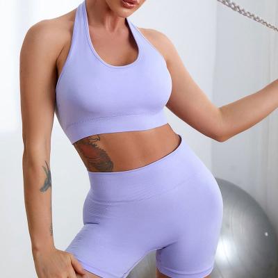 China Seamless Yoga 2 Piece Women's Yoga Sets Halter Neck Sports Bras Workout Backless Short Set Fitness Top for sale