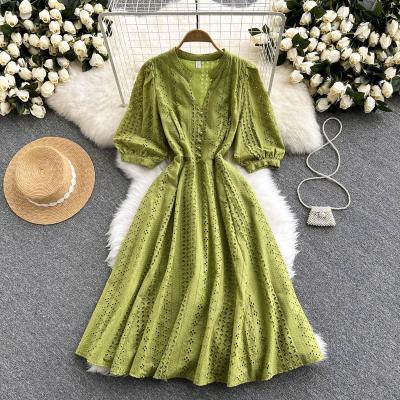 China 2022 Fashion Anti-wrinkle V-Neck Hollow Shorts Sheath A Line Casual Clothing Dress Solid Color Vestidos for sale