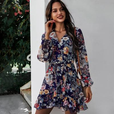 China 2022 New Fashion Women's Summer Fashion Print Women's Breathable Spring And V-Neckline Sexy Mini Dress for sale