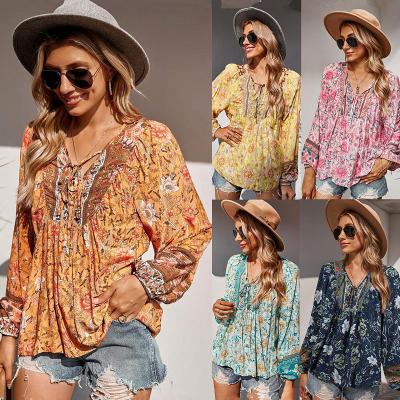 China Print Breathable Ladies V-Neck Summer Casual Loose Upper Ladies Long Sleeve Basic Women's Soft Clothing for sale