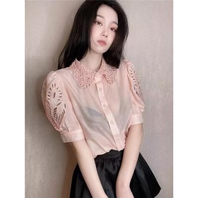 China 2022 Spring New Breathable Summer Fashion Lapel Button Shirt Tops Women's Hollow Breath Sleeves for sale