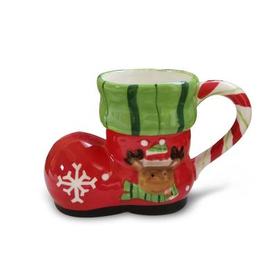 China Viable Christmas Santa Boot Mug Handpainting Dolomite Boot Tea Cup with Reindeer Head Shoe Ceramic Coffee Mug for sale