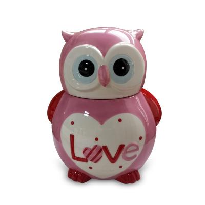 China Handpainting Safe Dolomite Jar Food Valentine Owl Canister Ceramic Owl Storage Animal Cookie Jar for sale