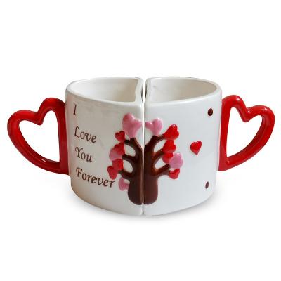 China Valentine Couple Mugs Viable Dolomite Heart Shape Couples Mug With Love Tree Valentine Coffee Ceramic Embossed Mug for sale