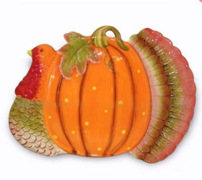 China Sustainable Turkey Dish Ceramic Thanksgiving Harvest Turkey Shape Tray Handpainting Dolomite Turkey Dish for sale