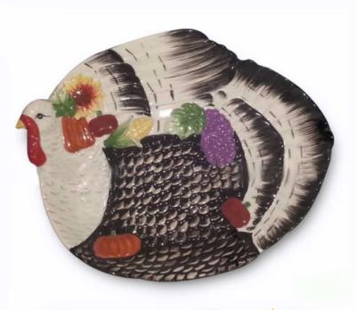 China Sustainable Ceramic Serving Tray Handpainting Dolomite Dolomite Thanksgiving Turkey Dish Turkey Harvest Ceramic Turkey Dish for sale