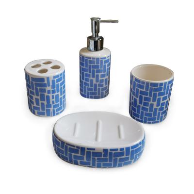 China Sustainable Ceramic Soap Dish 4pcs Bathroom Set With Decal Artwork Stoneware Soap Dispensor for sale