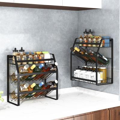 China Three Wall Mounted Viable White 3 Tier Shelf Metal Jar Organizer Bottle Holder Black Rack Spice Storage Rack Kitchen for sale