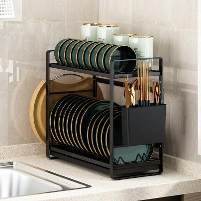 China Wall Mounted Durable Stainless Steel Dish Drying Rack Hanging 2 Tier Dish Rack Dish Drainer Rack With Drip Tray Kitchen Shelf Household for sale