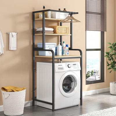 China Sustainable 3-Tier Laundry Shelf Over The Washing Machine Storage Rack Bathroom Organizer With Clothes Hanging Rod for sale