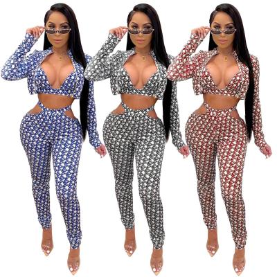 China Amazon Sexy Wish Ebay Style Hot Ladies Three-Piece Suit With Hollowed-out Waist Printing Sexy Pant Suits for sale