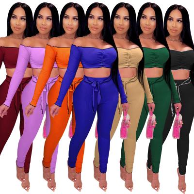 China 2022 Amazon Breathable Fashion New Arrival Women's Flat Shoulder Crop Top Sets With Long Sleeves And Long Pants for sale