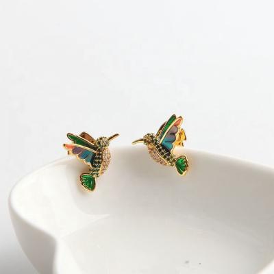 China FASHIONABLE European and American style K daily series full diamond painted enamel luster hummingbird earrings for sale