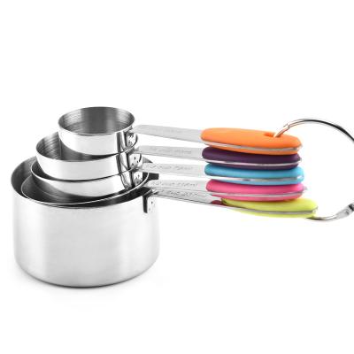 China Sustainable Stainless Steel Kitchen Tools Measuring Cup Set of 5 Colored Silicone Handle for sale